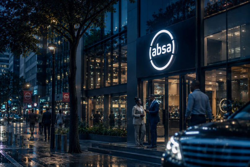 An Absa bank branch with people standing outside 