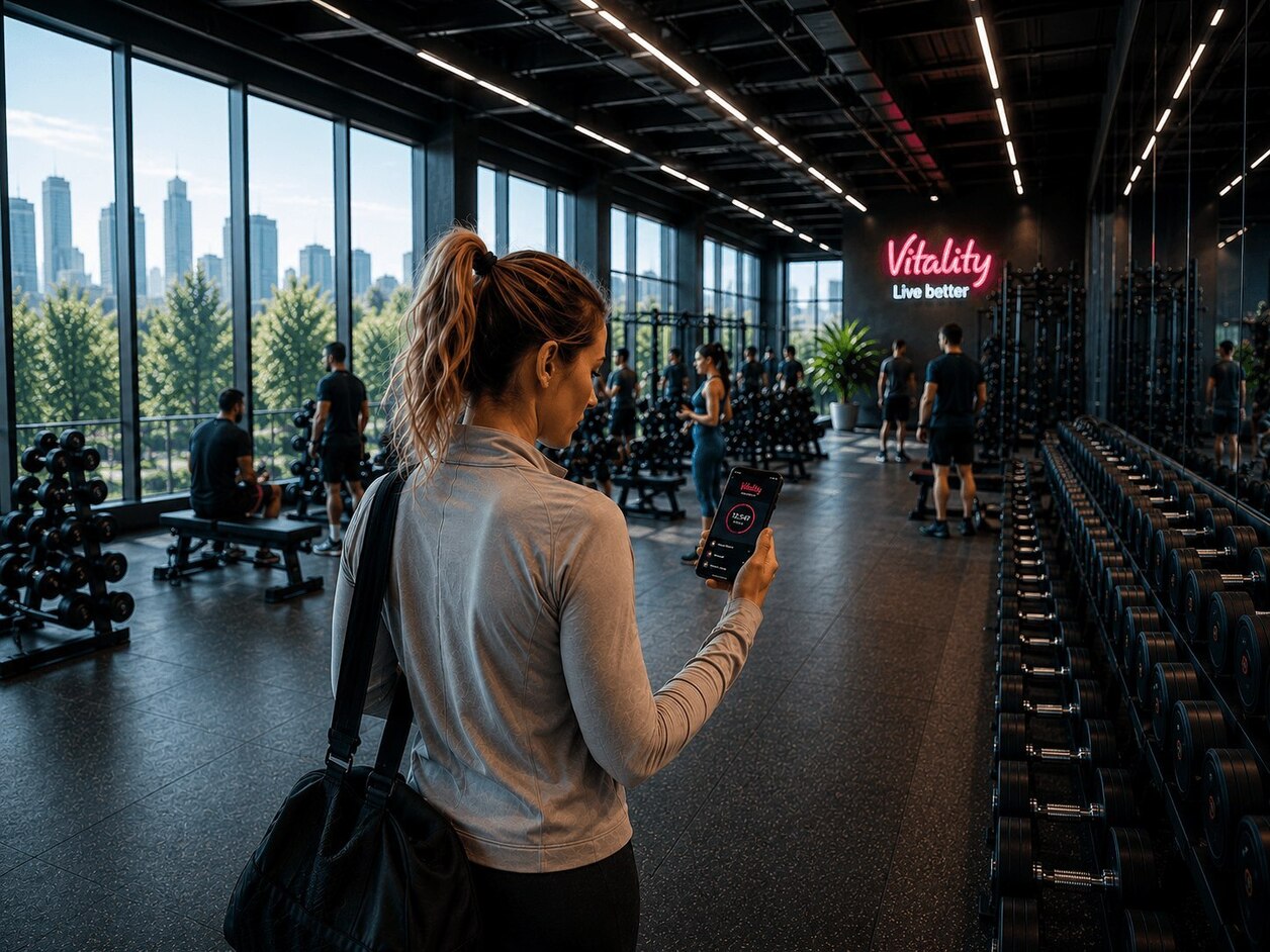 A lady in a gym using the Vitality app 
